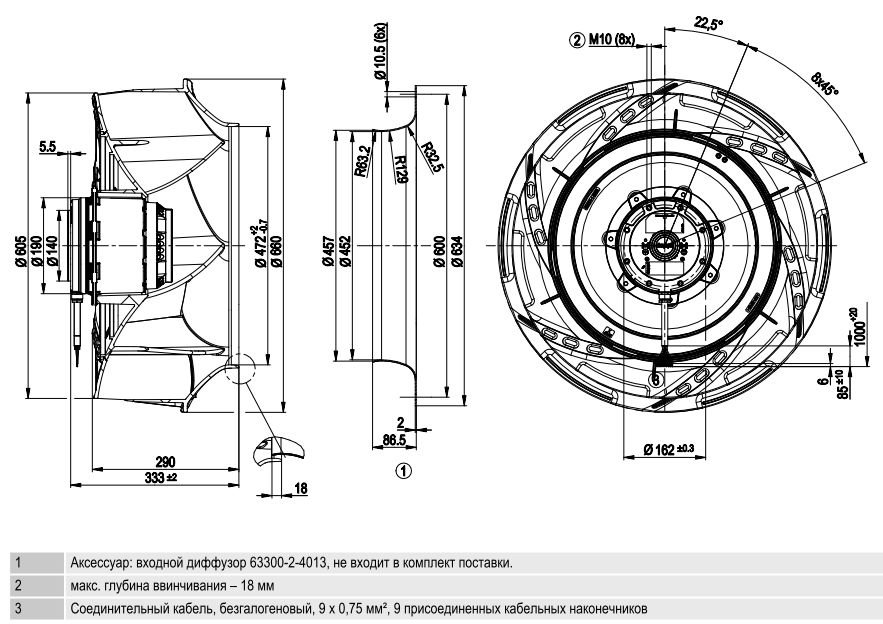 Вентилятор Ebmpapst R4D630-RB15-01 центробежный